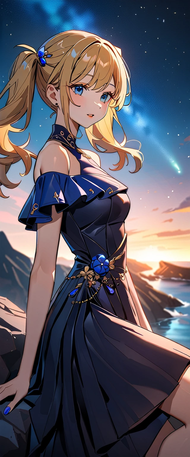 Photo of a high school girl with natural skin, Upper Body, Blonde and red gradient hair in twin tails, Sharp eyes with blue eyeshadow, A thin, upturned nose, Well-shaped lips, Hourglass-shaped body shape, White off-the-shoulder dress, Makeup, Exquisitely crafted with the utmost attention to detail, Vibrant, amazing, Smooth, Cinematic, 4K, Backlight, Atop a cliff with a beautiful starry sky, Shallow depth of field.