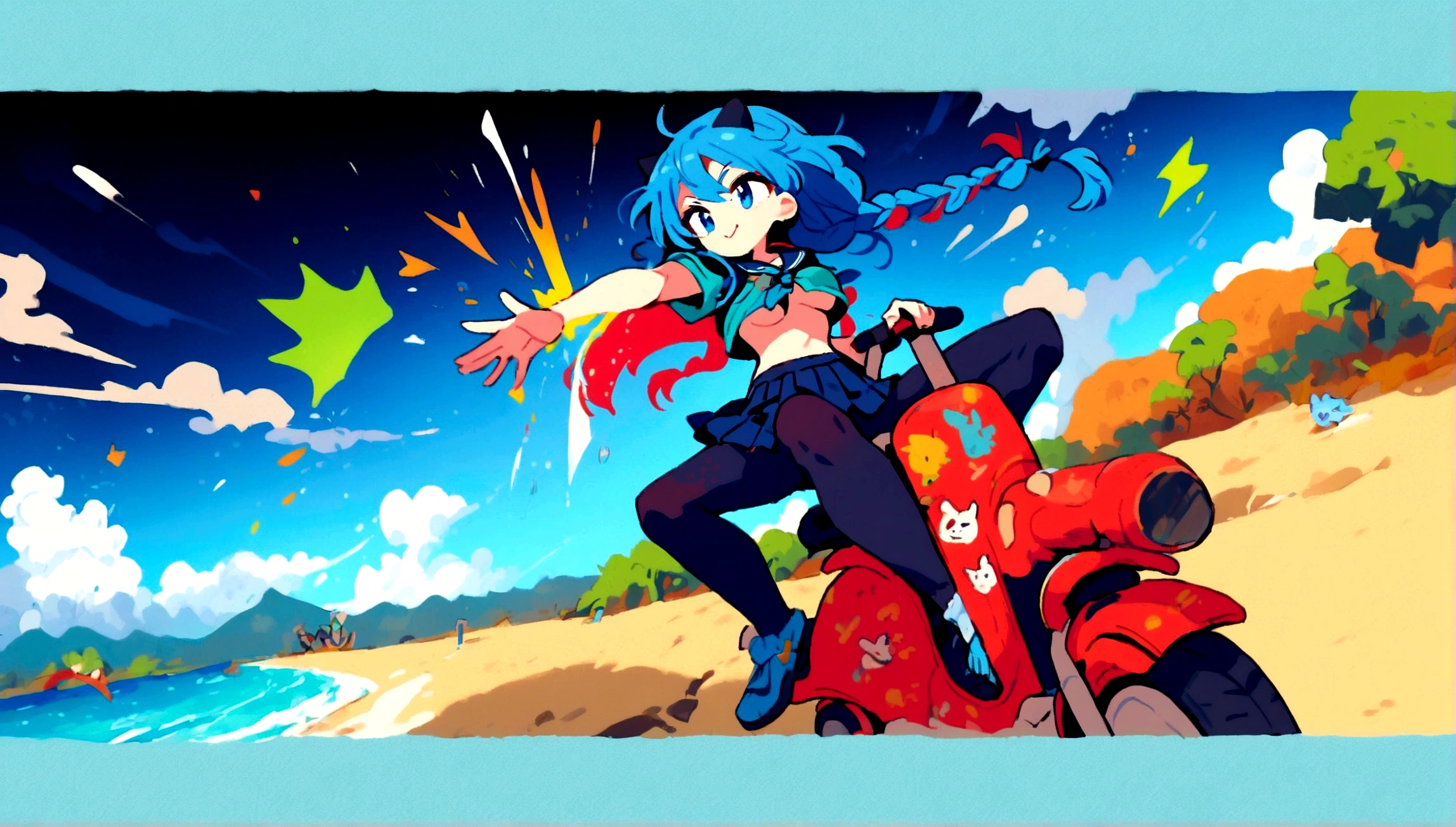 lum, long hair, bangs, blue hair, blue eyes, horns, pointy ears, aqua hair, shirt, long sleeves, serafuku, sailor collar, neckerchief, yellow neckerchief, shirt, blue shirt, blue sailor collar, blue skirt, eyeshadow, (score_9, score_8_up, score_7_up), masterpiece, best quality, absurdres, unity, 8k, wallpaper, hi res, dramatic lighting, detailed facial features, high quality, cinematic composition, dramatic atmosphere, digital art, concept art, 8k, ultra-detailed, professional rendering, dramatic color palette, riding a sci-fi motorcycle, smile, motor vehicle, skirt, riding, highly detailed face, highly detailed eyes, perfect anatomy, super detailed skin, (outdoors, beach, seaside, beautiful landscape, island, 1980s style, anime style, (dynamic angle, dynamic pose:1.3), (flying:1.3), floating in air, floating under seabeach, animal print, strapless_bikini, breasts, (intricate details:1.4), cleavage, large breasts, (two-tone hair, green hair, black hair:1.1), floating hair, groin, small horns, (cowboy shot), looking at viewer, navel, print bikini, swimsuit, tiger print, tiger stripes, (electrokinetic, electrokinesis, spark effect, electricity:1.3), lightning shooting from hands, epic fantasy scene, dark ominous clouds, dynamic pose, cute doodle, BREAK Ranma21, a girl, red hair, braid, red shirt, chinese clothes, shirt, short sleeves, pants, high-waist pants, single braid, long hair, braided ponytail, black pants