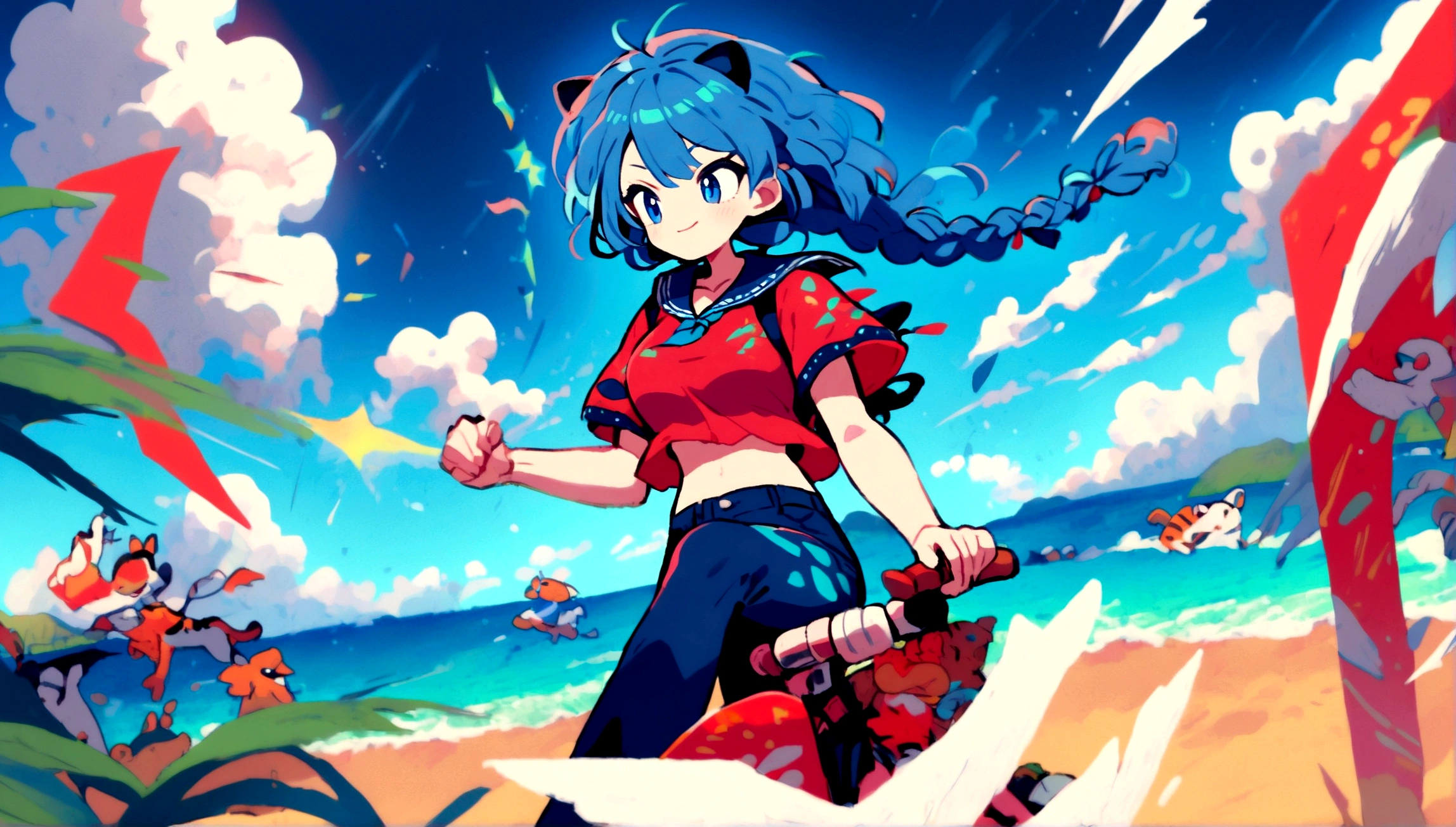 lum, long hair, bangs, blue hair, blue eyes, horns, pointy ears, aqua hair, shirt, long sleeves, serafuku, sailor collar, neckerchief, yellow neckerchief, shirt, blue shirt, blue sailor collar, blue skirt, eyeshadow, (score_9, score_8_up, score_7_up), masterpiece, best quality, absurdres, unity, 8k, wallpaper, hi res, dramatic lighting, detailed facial features, high quality, cinematic composition, dramatic atmosphere, digital art, concept art, 8k, ultra-detailed, professional rendering, dramatic color palette, riding a sci-fi motorcycle, smile, motor vehicle, skirt, riding, highly detailed face, highly detailed eyes, perfect anatomy, super detailed skin, (outdoors, beach, seaside, beautiful landscape, island, 1980s style, anime style, (dynamic angle, dynamic pose:1.3), (flying:1.3), floating in air, floating under seabeach, animal print, strapless_bikini, breasts, (intricate details:1.4), cleavage, large breasts, (two-tone hair, green hair, black hair:1.1), floating hair, groin, small horns, (cowboy shot), looking at viewer, navel, print bikini, swimsuit, tiger print, tiger stripes, (electrokinetic, electrokinesis, spark effect, electricity:1.3), lightning shooting from hands, epic fantasy scene, dark ominous clouds, dynamic pose, cute doodle, BREAK Ranma21, a girl, red hair, braid, red shirt, chinese clothes, shirt, short sleeves, pants, high-waist pants, single braid, long hair, braided ponytail, black pants