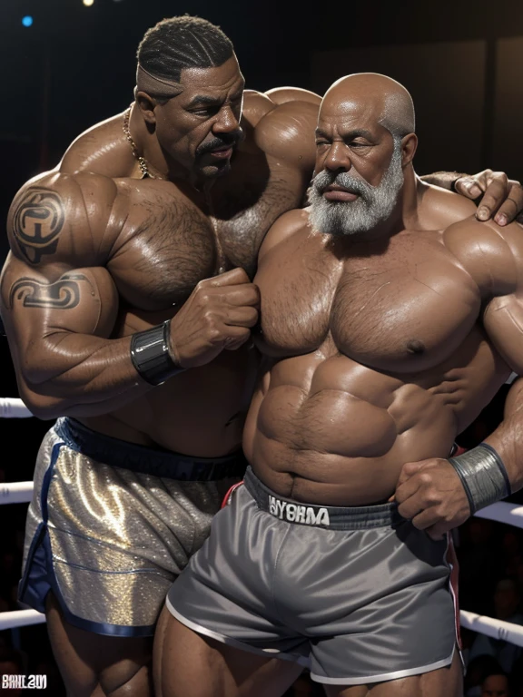 Hyperrealistic image of a gray haired African American boxer superhero kissing with very sweaty extremely old rival, more than 80 years, very muscular and fat, more than 200 kilos, with a bare torso, large and flaccid pectorals, brown nipples and large gray mustaches with huge arms. tattooed in a boxing ring with satin shorts