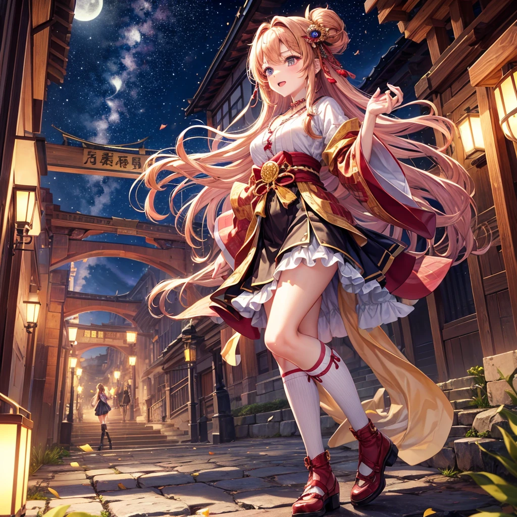 Pink, red, brown, gold, gold hair、Red gold eyes、Hair tied up、One good looking girl、solo、anime、Checkered mini skirt、Ruffles on the skirt、Checked dress、blouse、Kimono、Black knee-high socks、Ribbon、Ribbon on waist、Teeth are visible、Sparkly Necklace、From above、Cobblestones、waterfall、Starry Sky、Midnight Moon、suspension bridge、beam、Standing still、Transparent、Dragon flying、goddess、Edo、Confetti、Kicking、Ancient City、Arranging stones、Uphill