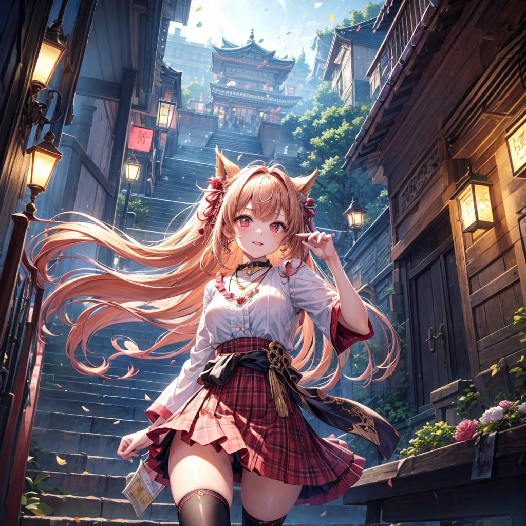 Pink, red, brown, gold, gold hair、Red gold eyes、Hair tied up、One good looking girl、solo、anime、Checkered mini skirt、Ruffles on the skirt、Checked dress、blouse、Kimono、Black knee-high socks、Ribbon、Ribbon on waist、Teeth are visible、Sparkly Necklace、From above、Cobblestones、waterfall、Starry Sky、Midnight Moon、suspension bridge、beam、Standing still、Transparent、Dragon flying、goddess、Edo、Confetti、Kicking、Ancient City、Arranging stones、Uphill