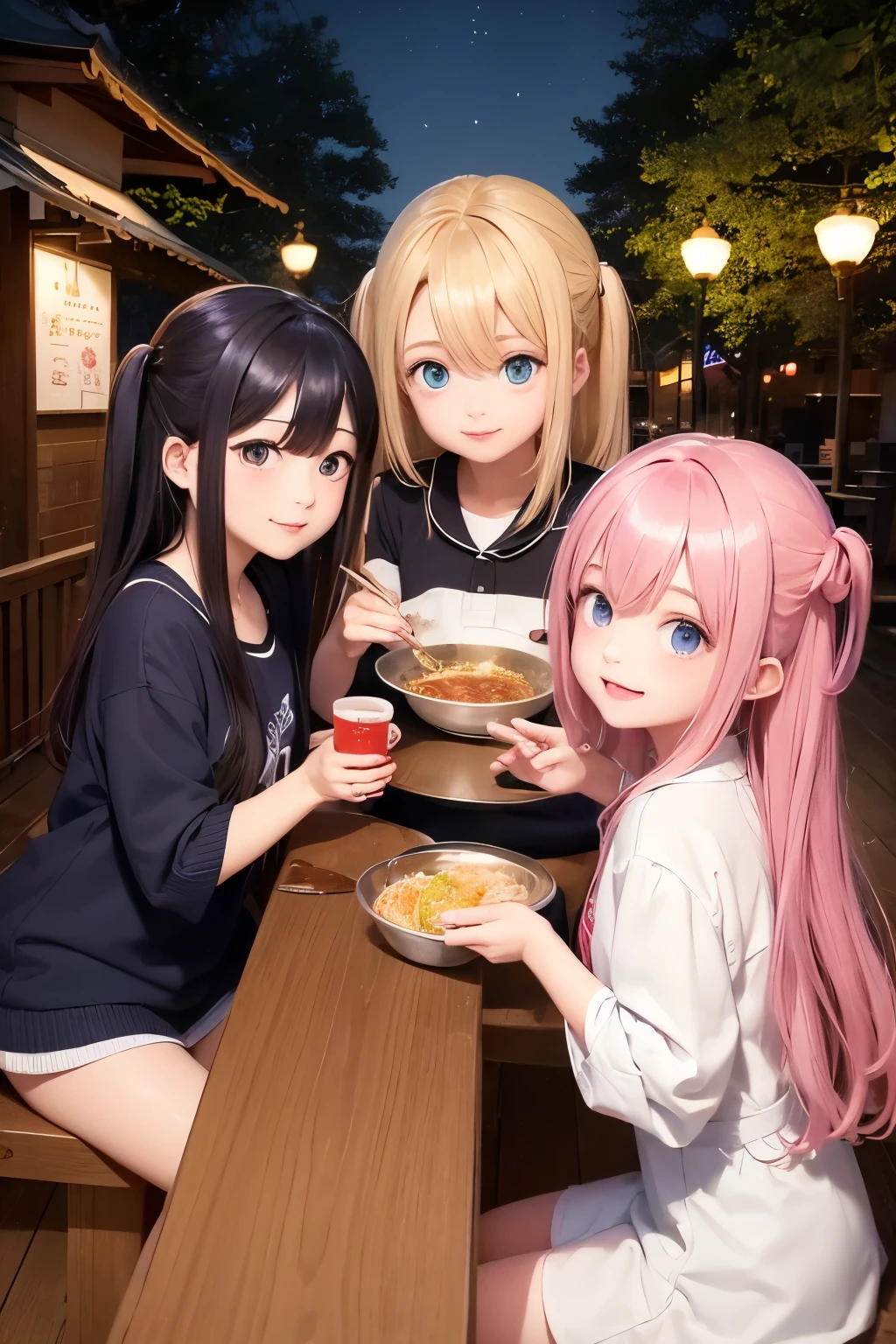 (Highest quality:1.3)。Three Girls。Angel, Devil and Knight。The three of them eat ramen together side by side。The background is a moonlit ramen stand。