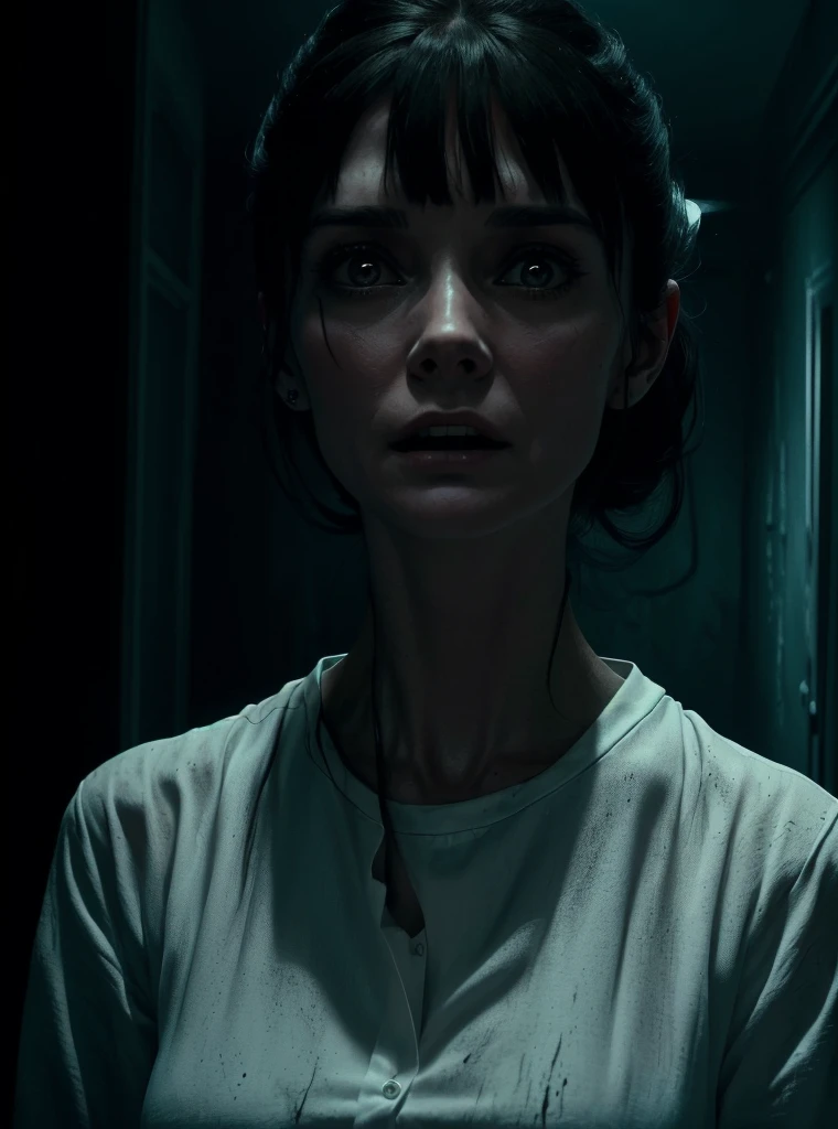 a woman in a white shirt standing in a dark room, horror film, [ horror game ], horror vacui, horror”, horror ”, horror movie, from horror movies, new horror movie advertising, official, horror video game, action horror, horror, audrey hepburn in a horror novel, horrors filmed on camera, scifi horror, 👁🌹👾, indie video game horror