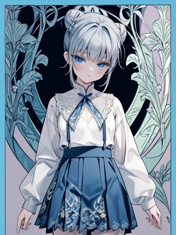 masterpiece, Highest quality, Very detailed, 16K, Ultra-high resolution, Cowboy Shot, (art nouveau:1.5), -yeld gi Detailed face, blue eyes, Silver Hair, Bun Hair, White blouse, sweater, Best, (Checkered lace skirt:1.4)