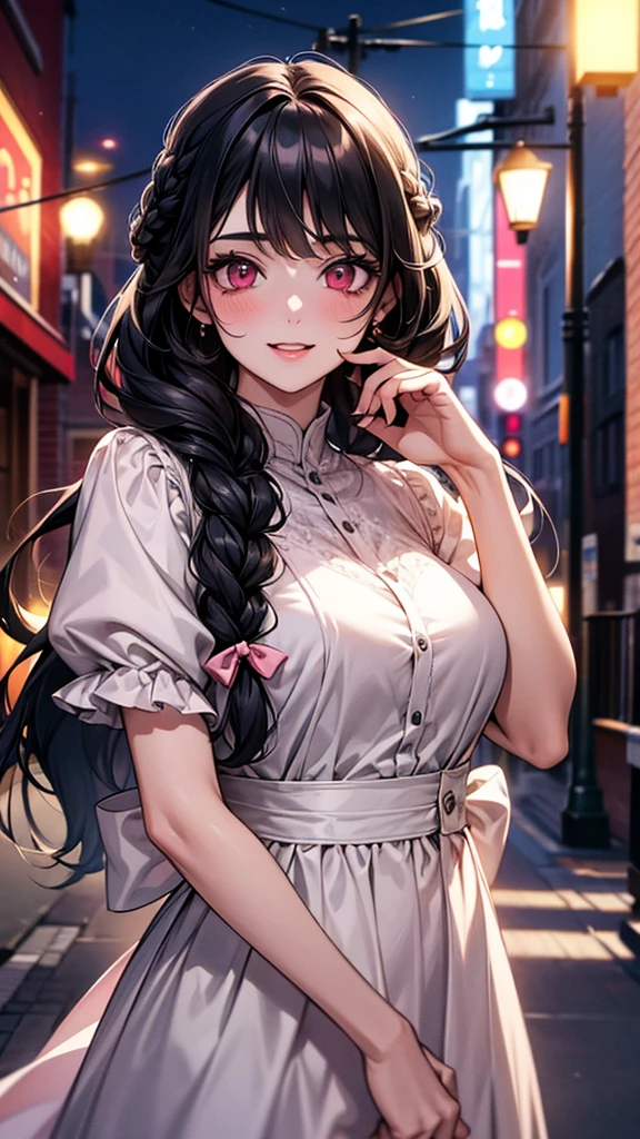 (best quality, Masterpiece), 1 girl, The sun shines, outside the building, black hair, Beautiful long hair, braid, pink eyes, cute, Bright face, Good mood, beautiful breasts, Beautiful date dress, shy, 1 woman, young girl, (Goosebumps:0.7), Beautiful face, (shyไลเนอร์, lipstick:0.9), nighttime, street lights, fall, 4K, 8K, UHD, HDR, detailed background, background