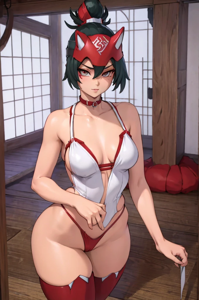 Kiriko, slender body, cute sexy asian girl in sexy white and red lingerie with stockings, white and red choker, small breast size, small tiny tits, red Kiriko forehead protector, Japan