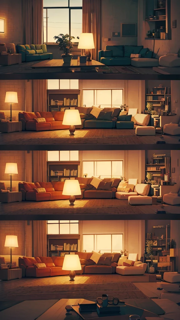 It looks like the image is of a cozy living room with soft lights and an inviting atmosphere. Based on the description and the visual style, here is an exact prompt you can use to generate similar art using AI:

"Create an illustration of a cozy living room with soft lighting. The room should have large windows showing a beautiful sunset or twilight sky, with string lights adding to the ambiance. Include a comfortable sofa with colorful cushions, a coffee table with some decorative items, and a bookshelf filled with plants and books. The overall mood should be warm and inviting, perfect for a relaxing evening."

Feel free to tweak the prompt based on any specific details you want to emphasize or adjust!