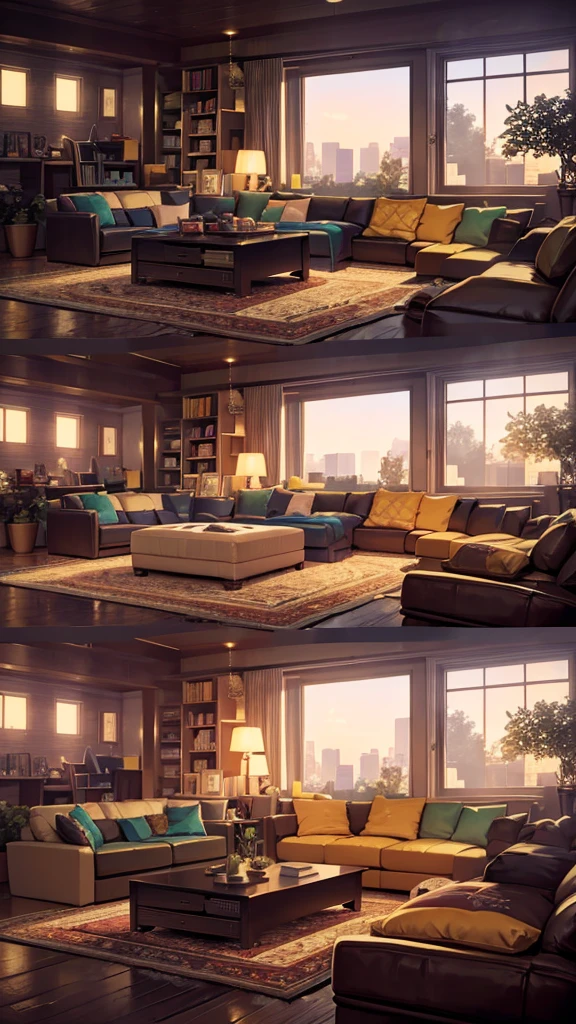 It looks like the image is of a cozy living room with soft lights and an inviting atmosphere. Based on the description and the visual style, here is an exact prompt you can use to generate similar art using AI:
"Create an illustration of a cozy living room with soft lighting. The room should have large windows showing a beautiful sunset or twilight sky, with string lights adding to the ambiance. Include a comfortable sofa with colorful cushions, a coffee table with some decorative items, and a bookshelf filled with plants and books. The overall mood should be warm and inviting, perfect for a relaxing evening."
Feel free to tweak the prompt based on any specific details you want to emphasize or adjust!