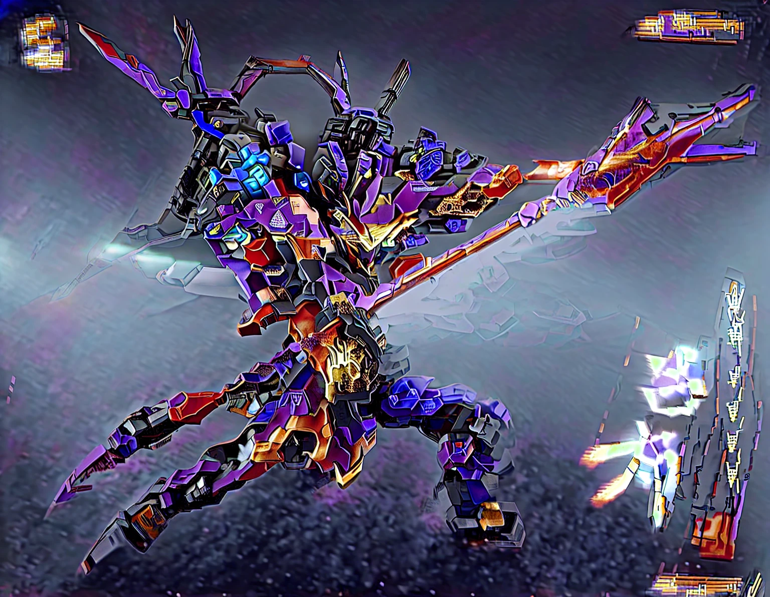 Close-up of a robot of a person with a spear.,Lipo repeater,Black Armor , black veil, Detailed pictures, electric purple, Purple energy around the body
