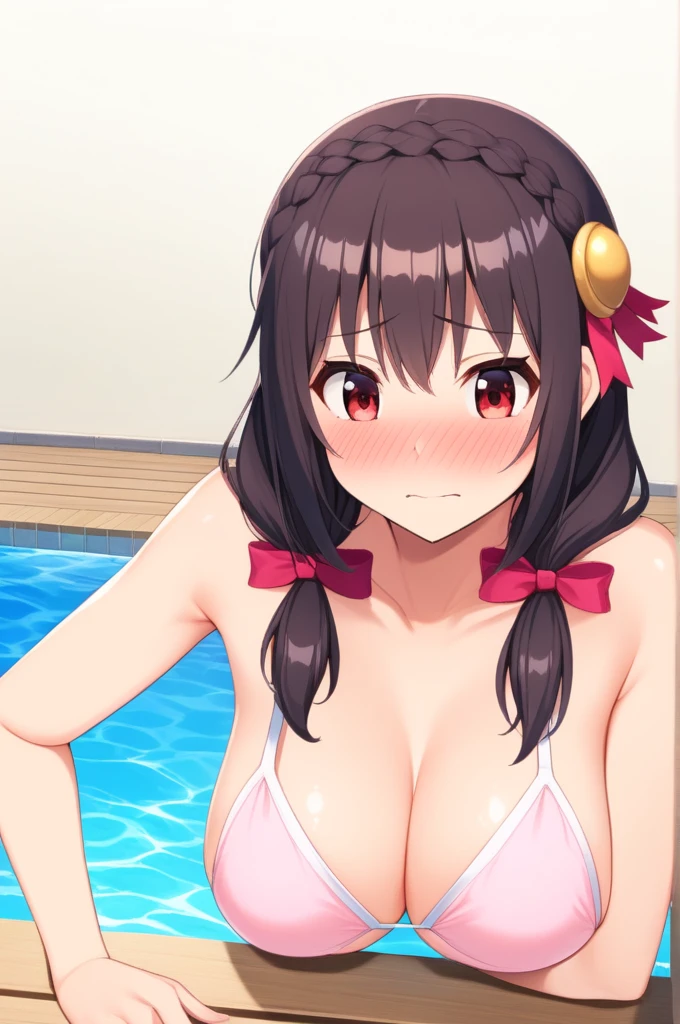 alone, One girl、Crown braids in the same color as your hair, hair ornaments, Hair Ribbon, (White and pink bikini),Red Eyes、Black Hair、(Embarrassed face:1.6)、(blush:1.4)、C cup breasts、Poolside、Splash、Wet、(Dynamic pose)