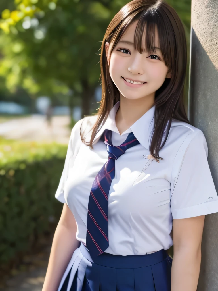 (masterpiece:1.2), super high quality, japanese girl, (super realistic), (super photographic style), 1girl, (), large tits, (((school uniform))), smiling, outdoor, thighs, 