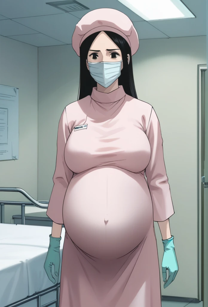 score_9,  score_8_up, score_7_up, source_anime, raw image, masterpiece, highest quality, natural light, patient room background, kasuganoray, good shape, pale skin, shy eyes, big breasts, scrubs, surgical mask, bouffant cap, long sleeve dress, navel head,
1girl, pregnant, solo, rubber gloves, looking down, furrowed brow, hospital bed, standing, even though she's pregnant she has a good figure, she suffered due to difficult childbirth