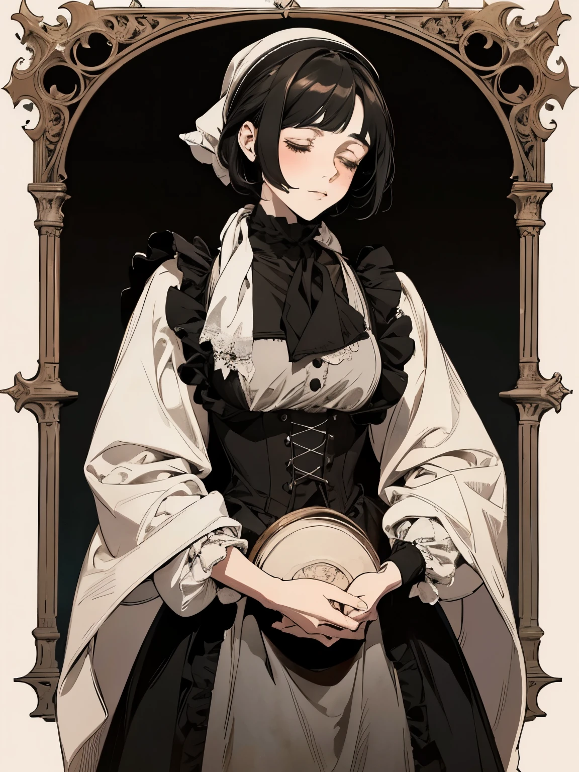Woman with bob, short black hair, in Victorian maid dress, maid sloppy clothes, with a white scarf on his head, collected hair, Middle Ages, high contrast, 19th century style, reeks of kindness and comfort, Behind her is a large bookshelf, closed eyes, hands closed, serving