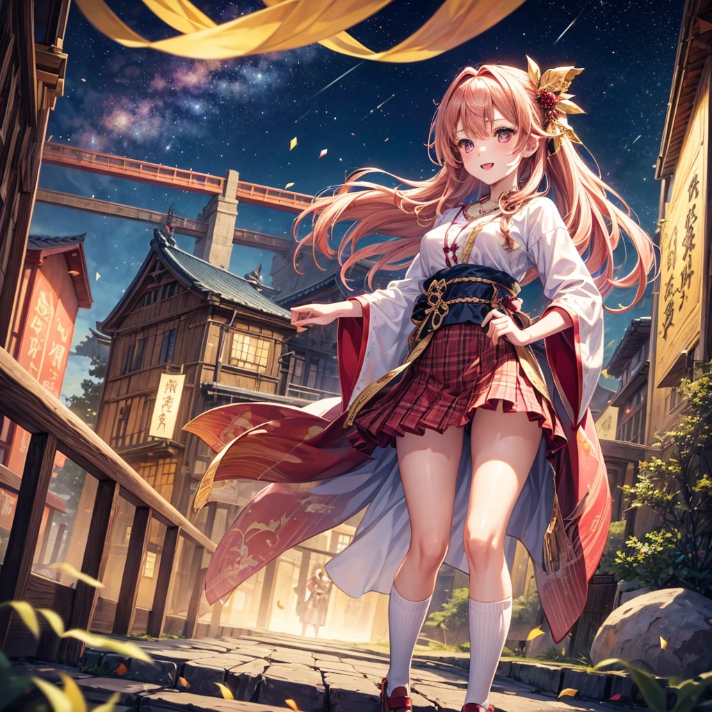 Pink, red, brown, gold, gold hair、Red gold eyes、Hair tied up、One good looking girl、solo、anime、Checkered mini skirt、Ruffles on the skirt、Checked dress、blouse、Kimono、Black knee-high socks、Ribbon、Ribbon on waist、Teeth are visible、Sparkly Necklace、From above、Cobblestones、waterfall、Starry Sky、Midnight Moon、suspension bridge、beam、Standing still、Transparent、Dragon flying、goddess、Edo、Confetti、Kicking、Ancient City、Arranging stones、Uphill