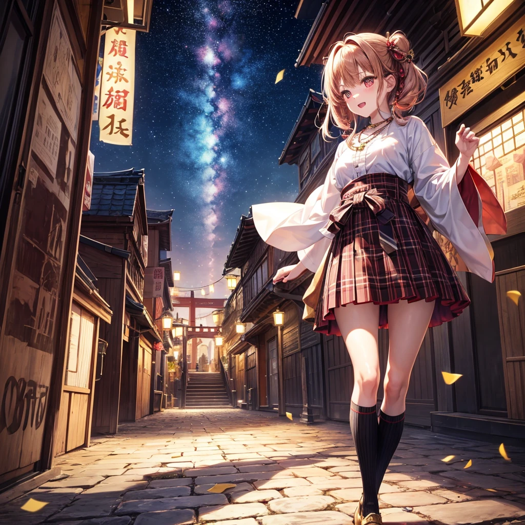 Pink, red, brown, gold, gold hair、Red gold eyes、Hair tied up、One good looking girl、solo、anime、Checkered mini skirt、Ruffles on the skirt、Checked dress、blouse、Kimono、Black knee-high socks、Ribbon、Ribbon on waist、Teeth are visible、Sparkly Necklace、From above、Cobblestones、waterfall、Starry Sky、Midnight Moon、suspension bridge、beam、Standing still、Transparent、Dragon flying、goddess、Edo、Confetti、Kicking、Ancient City、Arranging stones、Uphill