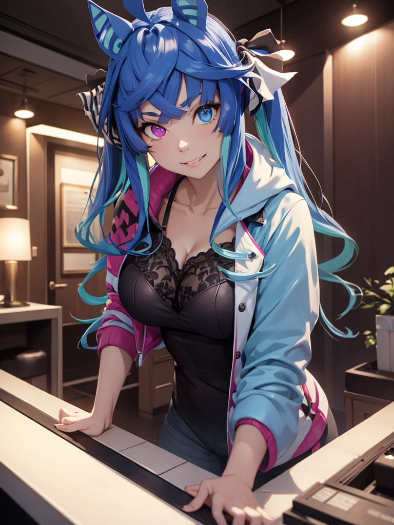 (Masterpiece, best quality, high res、highly detailed cg: 1), A scene in which a customer meets a designated sex worker in a waiting room. The scene is seen from the customer's point of view and depicts the sex worker approaching with a professional and friendly smile. The waiting room is simply decorated. The sex worker is wearing an attractive outfit and thin plumage and is confident and attractive. The sex worker says to the customer, "I'm not a sex worker. Thank you for your appointment. Please come this way. I look forward to working with you today." Twin_Turbo_Umamusume, aqua hair, twintails, heterochromia, purple eyes, blue eyes, sharp teeth, multicolored hoodie, hores tails, nsfw, Lingerie set, 1girl, Short stature