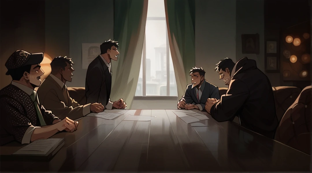 Mafia man standing and shouting side view in room
