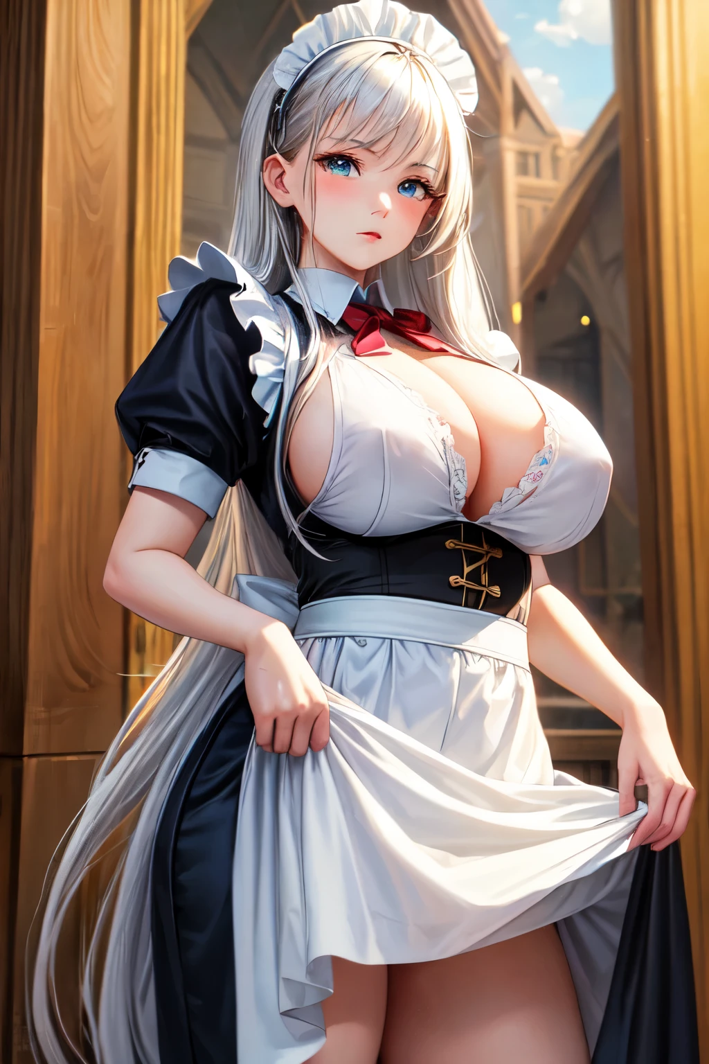 ((best quality)), ((masterpiece)), (detailed), 1 Girl, Maid costume,huge breasts,Temperament is cold,long white hair,Oval face,Medieval noble background,Lift the skirt