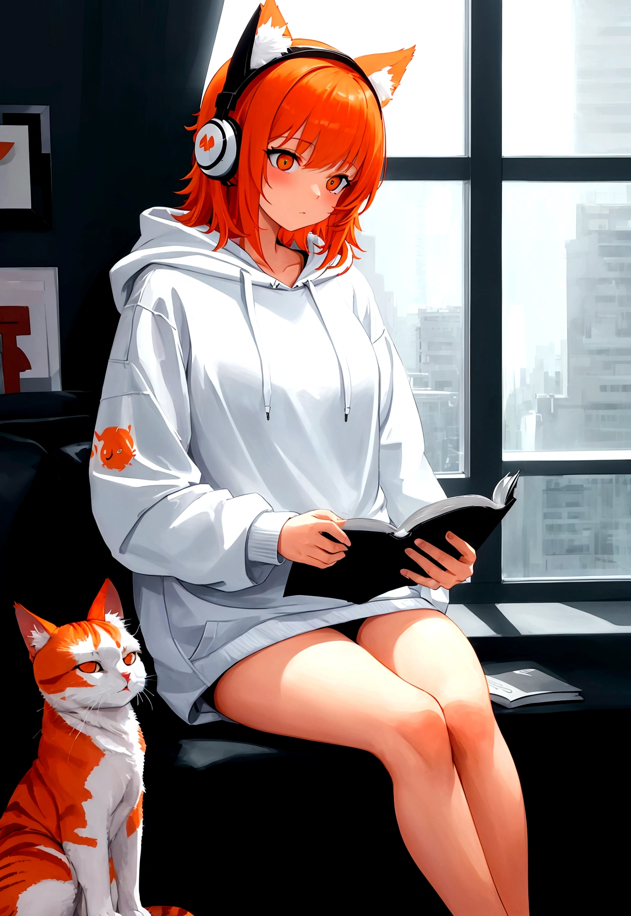 Female student wearing a white hoodie and shorts wearing white cat headphones Sitting reading a book by the window of the condo when it rains. At night, an orange cat sits and watches., wide angle photography, Realistic beauty, high resolution, Excellent quality, Masterpiece