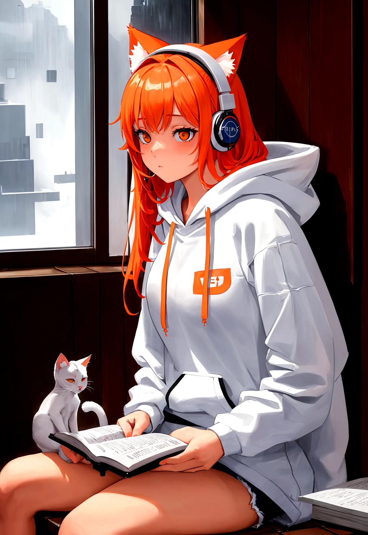 Female student wearing a white hoodie and shorts wearing white cat headphones Sitting reading a book by the window of the condo when it rains. At night, an orange cat sits and watches., wide angle photography, Realistic beauty, high resolution, Excellent quality, Masterpiece
