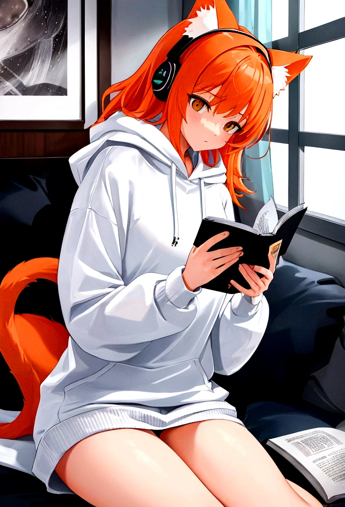 Female student wearing a white hoodie and shorts wearing white cat headphones Sitting reading a book by the window of the condo when it rains. At night, an orange cat sits and watches., wide angle photography, Realistic beauty, high resolution, Excellent quality, Masterpiece