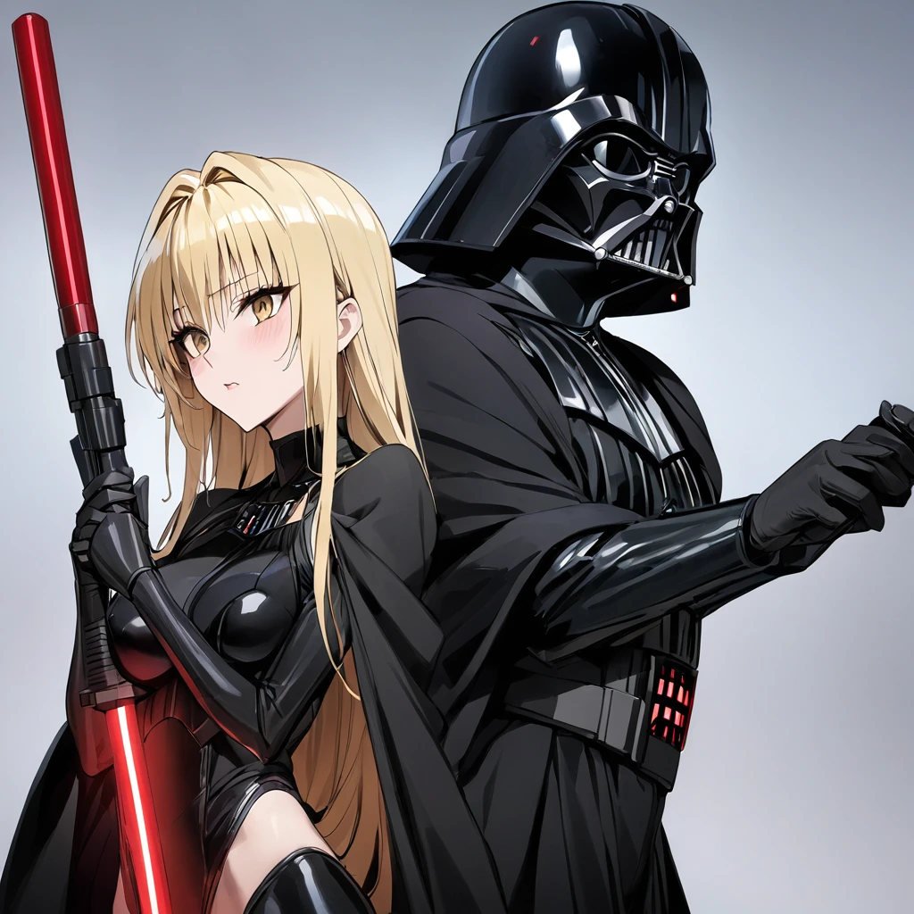 ((Highest quality)), ((masterpiece)), (detailed), （Perfect Face）、The woman is the Sith Lord Tearju, with medium-long blonde hair, a female version of Darth Vader, wearing the same bodysuit and protector as Darth Vader, a full-face helmet like Darth Vader, a black cloak, and holding a red lightsaber.