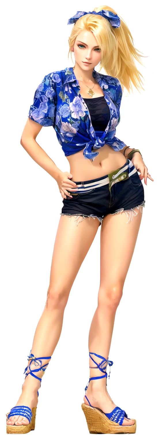 she's European, blonde hair, olive green eyes, (eyes turned to look at the camera), swedish, as a character in Out Run 2, of SEGA, 3D CG from the 2000s, Clarissa, 2k, 2 k, (( serene face)), realistic, render of april, fighting game character, nina from tekken, bright clean face, from devil may cry, hawaiian shirt, no bra, foulard tied on her head, handson her hips, serene wide open eyes, model pose, she wears no bra, shirt knotted to reveal belly