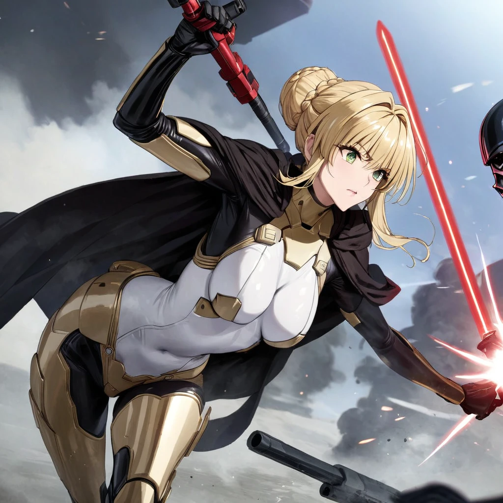 ((Highest quality)), ((masterpiece)), (detailed), （Perfect Face）、The woman is a Stormtrooper named Tiare, with green eyes, medium blonde hair, and a Princess Leia hairstyle. She is wearing a gorgeous black Stormtrooper bodysuit with gold patterns and trim, and a gorgeous black cape.、The woman is fighting alongside Darth Vader, who is holding a red lightsaber, while the woman is protecting him and firing a blaster.