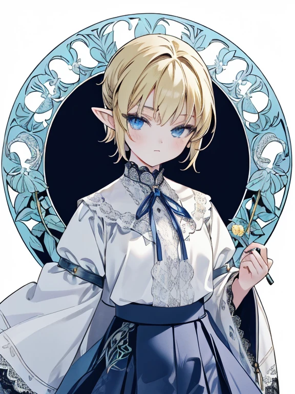 masterpiece, Highest quality, Very detailed, 16K, Ultra-high resolution, Cowboy Shot, (art nouveau:1.5), , Detailed face, blue eyes, Blonde, short hair, Elf Ears, White blouse, sweater, Best, (Checkered lace skirt:1.4)