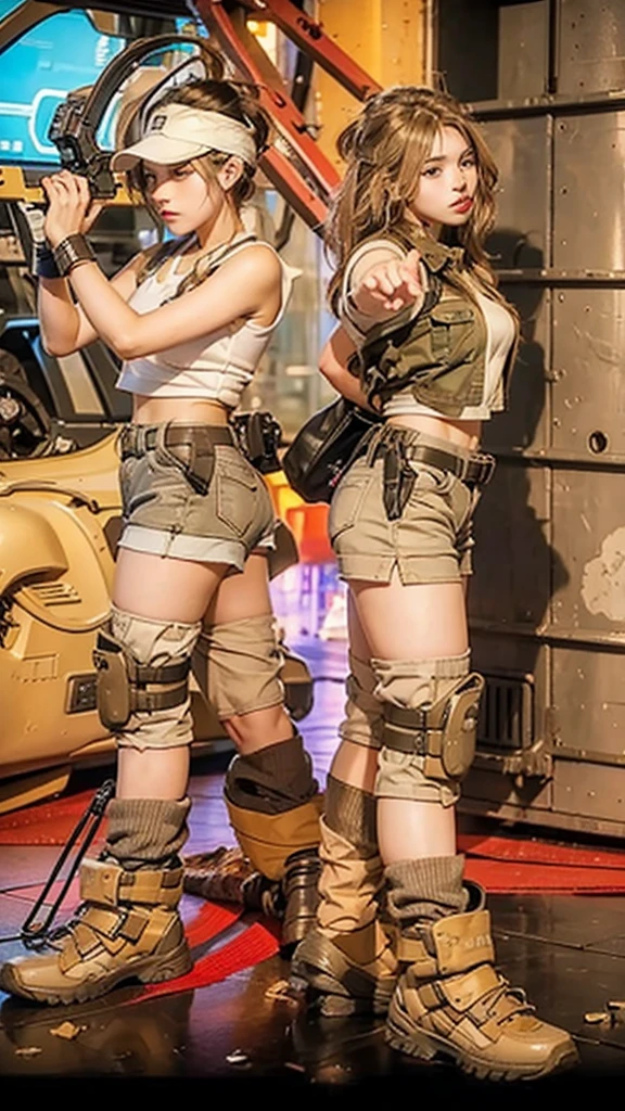 Close-up of two age girls on the battlefield,Wearing shorts,Bare legs,Beautiful face detailed