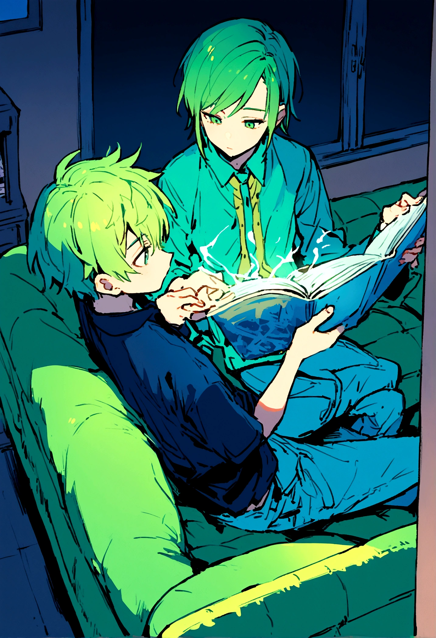 2 boys, 16 years, green hair, sitting on the couch, reading, in room