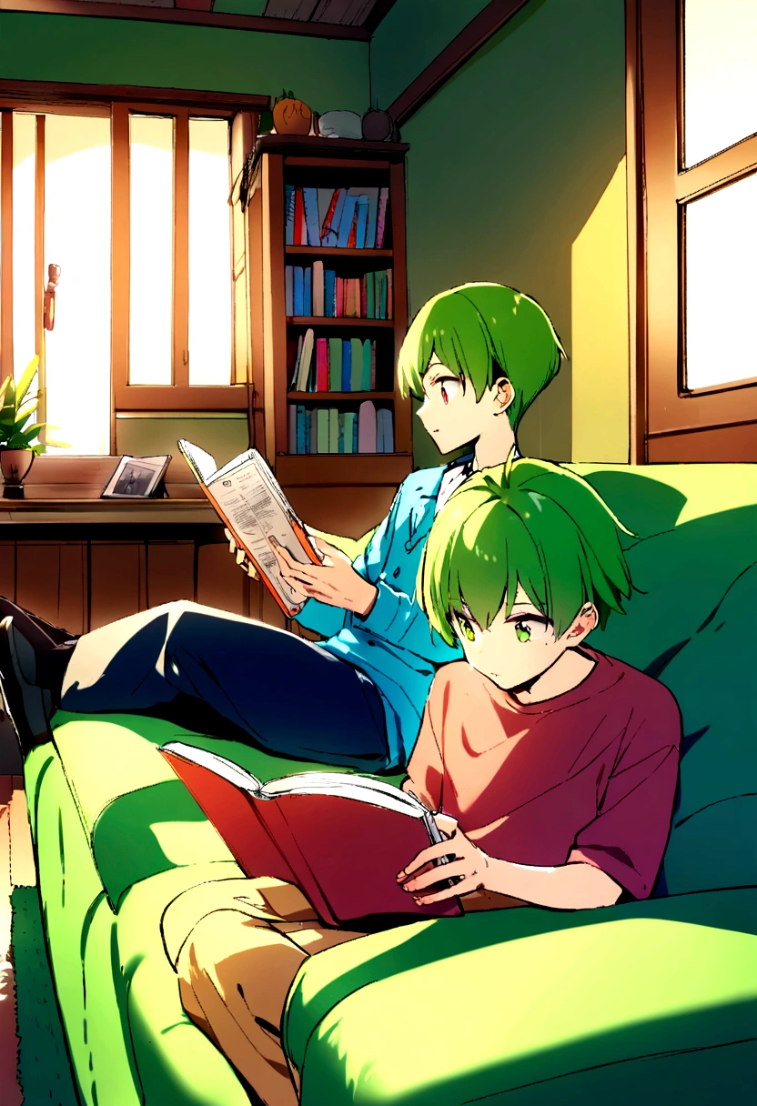 2 boys, , green hair, sitting on the couch, reading, in room