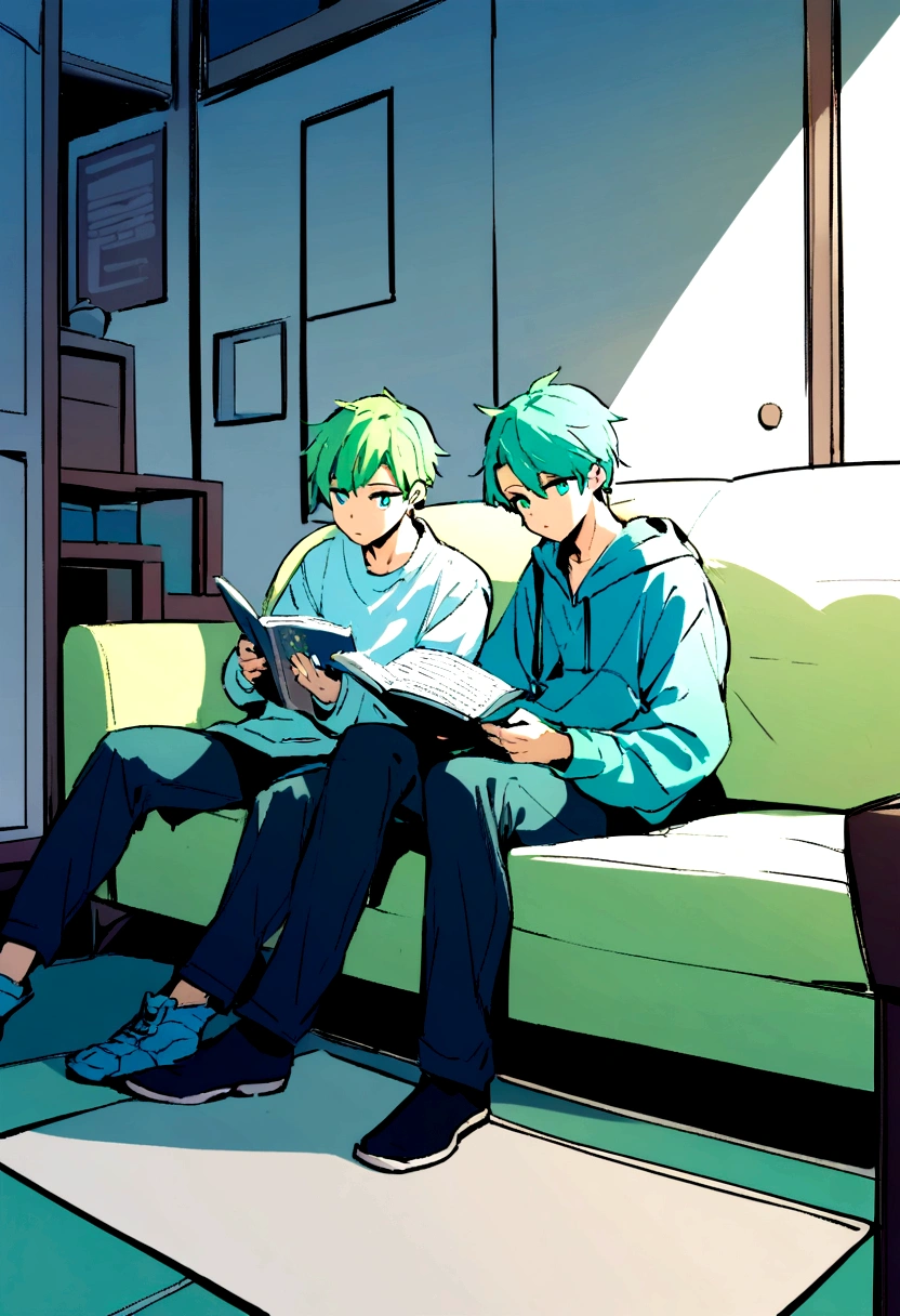 2 boys, 16 years, green hair, sitting on the couch, reading, in room