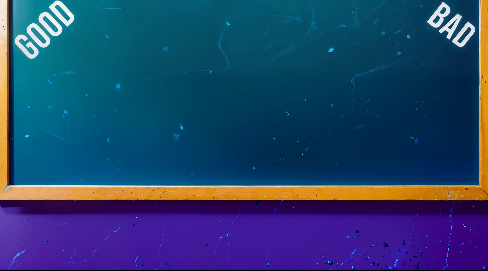 This image features a large, blue chalkboard with the words "GOOD" and "BAD" written in white letters on opposite ends, emphasizing a thematic contrast. The chalkboard, placed against a vivid blue background, symbolizes a classic educational or decision-making scenario, often used to discuss moral, ethical, or quality-based distinctions. Beneath the chalkboard, there is a striking purple strip, adding a bold visual break and enhancing the overall color contrast of the scene. The simplicity of the chalkboard and the inclusion of the terms "GOOD" and "BAD" invite viewers to contemplate choices, consequences, or the dichotomy between opposing concepts or qualities. The clear, uncluttered layout focuses attention directly on these themes, making the image suitable for educational materials, motivational content, or philosophical discussions.The background is a rich blue chalkboard, on which the word "GOOD" is prominently displayed, suggesting a positive or educational theme. The overall composition of the image is both eye-catching and charming, effectively conveying a sense of joy and creativity.ffects render, (glossy plastic texture with multiple big light probe refractions), perfect cgi, smooth silhouette, high intensity refraction, (super glossy plastic material), most beautiful vfx, , realistic, 4k, high resolution, rim light, smooth 3d model, multiple light sources, rim light, sharp post effects render,, realistic, 4k, high resolution, rim light detailed digital art, reflective, best quality, 4k, masterpiece:1.2, ultra-detailed, realistic, vivid colors, The image of the highest quality, ensuring every detail showcased perfectly. It in 4k resolution, allowing viewers to immerse themselves in the richness of the colors and intricate details. The realistic rendering. under the spotlight, reflecting, high-resolution image, realistic rendering