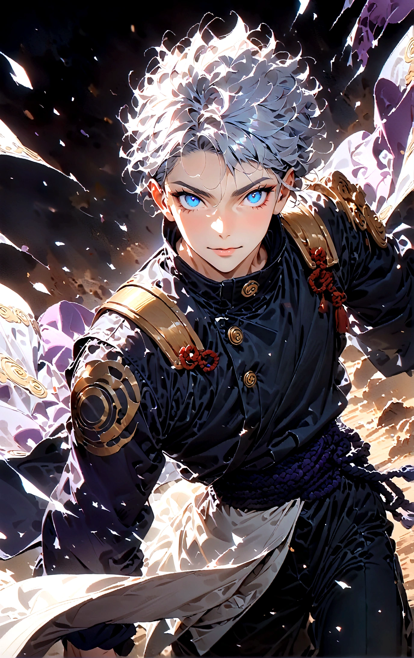 Intricate details,Wide range of colors,artwork,rendering,(masterpiece:1.3),(Highest quality:1.4),(Very detailedな:1.5),High resolution,Very detailed,8K,(1 male,Gojo Satoru,JUJUTSU KAİSEN,Gray Hair)Gojo Satoru,Young people,Be confident々smile,Beautiful Blue Eyes、(The background is blue and purple space)Achieve smooth design