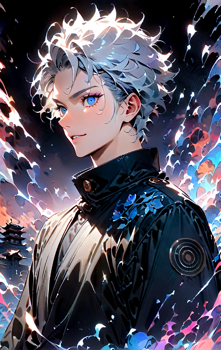 Intricate details,Wide range of colors,artwork,rendering,(masterpiece:1.3),(Highest quality:1.4),(Very detailedな:1.5),High resolution,Very detailed,8K,(1 male,Gojo Satoru,JUJUTSU KAİSEN,Gray Hair)Gojo Satoru,Young people,Be confident々smile,Beautiful Blue Eyes、(The background is blue and purple space)Achieve smooth design