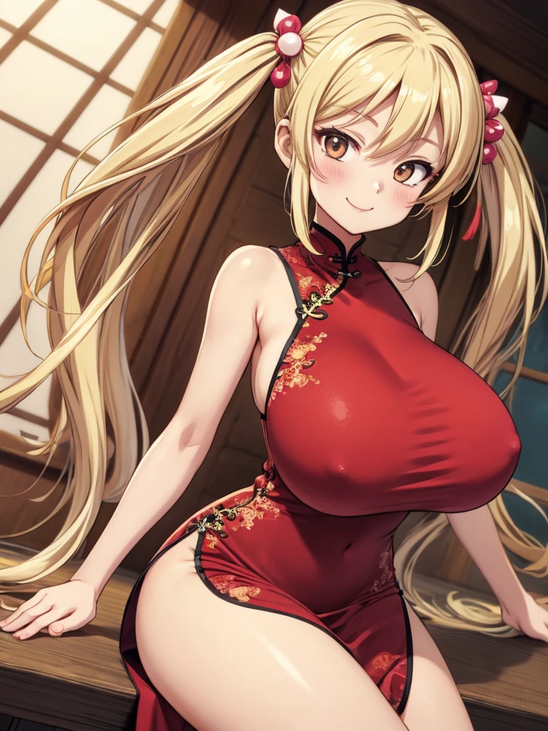 Anime-style illustrations、1 Girl、Blonde、Twin tails, hair ornaments、Sexy pose、China dress,  smile、Thighs、