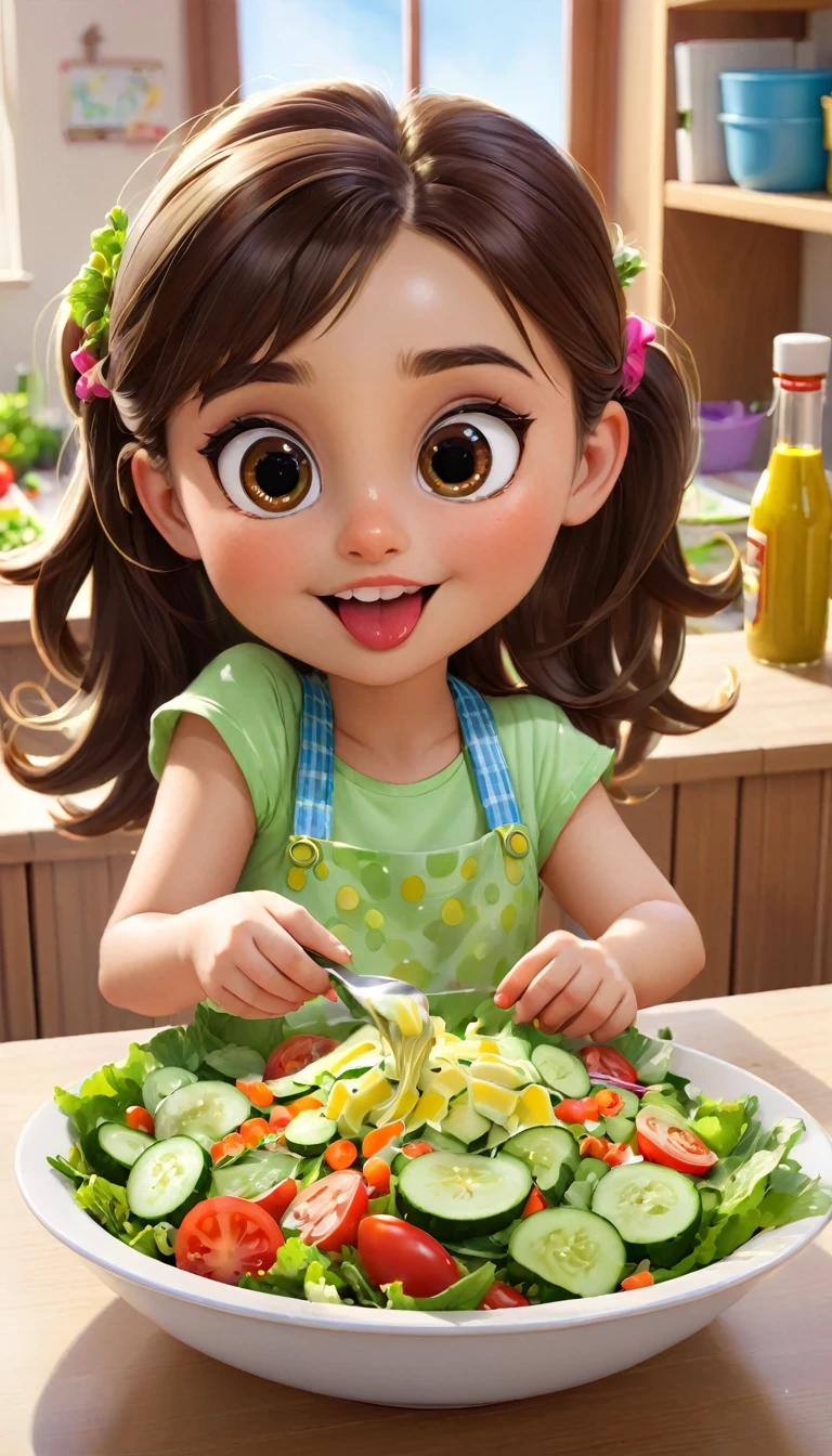 ,Brown hair,Vegetable salad,bright,high quality,Today we made a yummy vegetable salad in school. We washed lettuce, tomatoes, cucumbers, and carrots. Then we chopped them up and mixed them in a bowl. We made a dressing with lemon juice, olive oil, salt, and pepper. It tasted so good! Making salad with friends is fun and healthy.