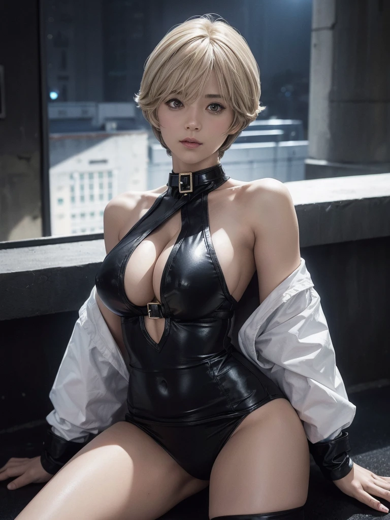 Very short hair, (masterpiece、Highest quality、Official Art), View from the front, Looking at the audience:1.5, topless, small top, White jacket:1.2, Black long boots, Black shorts, (Black bondage suit:1.2), Black collar, Black choker, Glowing Skin, Realistic:1.9, Very detailed, Full Body Shot:1.2, Cleave, Belly button pussy, Expose the center of the body, High resolution, full color photos, High detail, Extremely realistic detail, Ultimate realistic texture, Ultimate in exquisite detail, Professional photos, Sexy portrait of a girl, Voluptuous bust, Tight waist, Cleavage, Trained abdominal muscles, Big Ass,Complete the whole body, Full body image, No underwear, Highest quality, ((background:city:1.4)), Suzune, Suzune's clothes