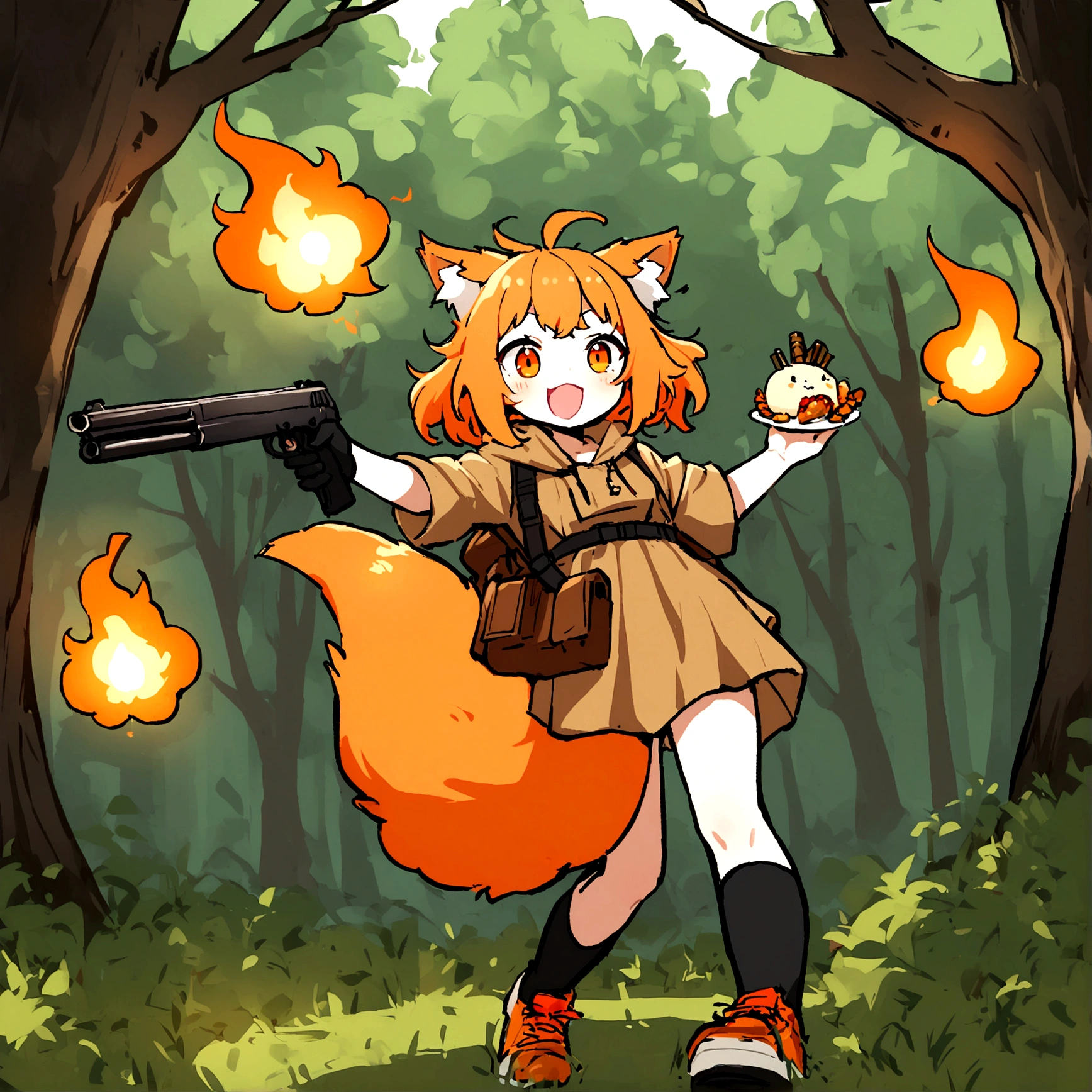 One girl, Short, messy hair with orange flames, Bright orange flaming hair, light orange oversized fox Foodie, fox Foodie, Foodie, Bright orange flame tail、Black gloves, Possession of a gun, In the Forest, Scouting, Orange eyes, Enthusiastic, Severe, Have a weapon, Black Ear, holding Shotgun, Shotgun, bullet, photograph, explosion, Black medium socks, big Foodie, Food, fox Food