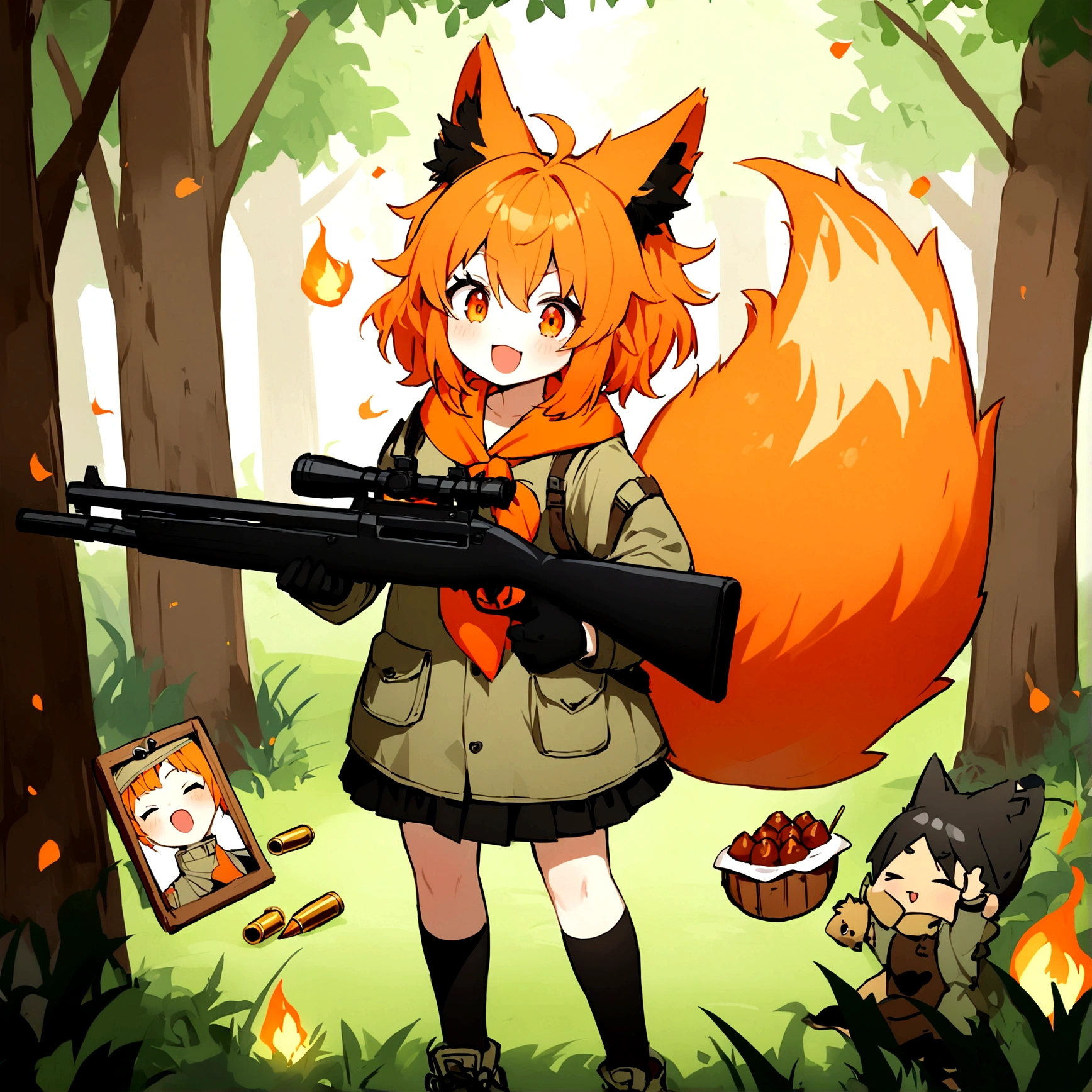 One girl, Short, messy hair with orange flames, Bright orange flaming hair, light orange oversized fox Foodie, fox Foodie, Foodie, Bright orange flame tail、Black gloves, Possession of a gun, In the Forest, Scouting, Orange eyes, Enthusiastic, Severe, Have a weapon, Black Ear, holding Shotgun, Shotgun, bullet, photograph, explosion, Black medium socks, big Foodie, Food, fox Food