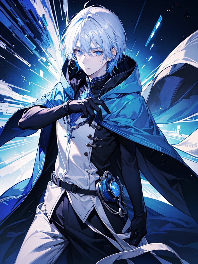 Sorcerer Divine Soul man, he has a silver hair and blue eyes, he wear a hood and wear gloves.