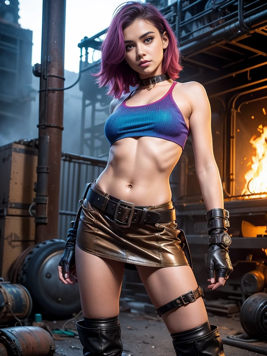 19-years old, vibrant, rainbow colours, croptop, underboob, short skirt, full body shot, engineer, steampunk, boots, seductive, apocalyptic setting, belts and buckles, asymmetric, small breasts