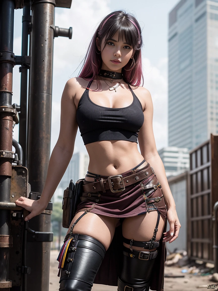 19-years old, vibrant, rainbow colours, croptop, underboob, short skirt, full body shot, engineer, steampunk, boots, seductive, apocalyptic setting, belts and buckles, asymmetric, small breasts