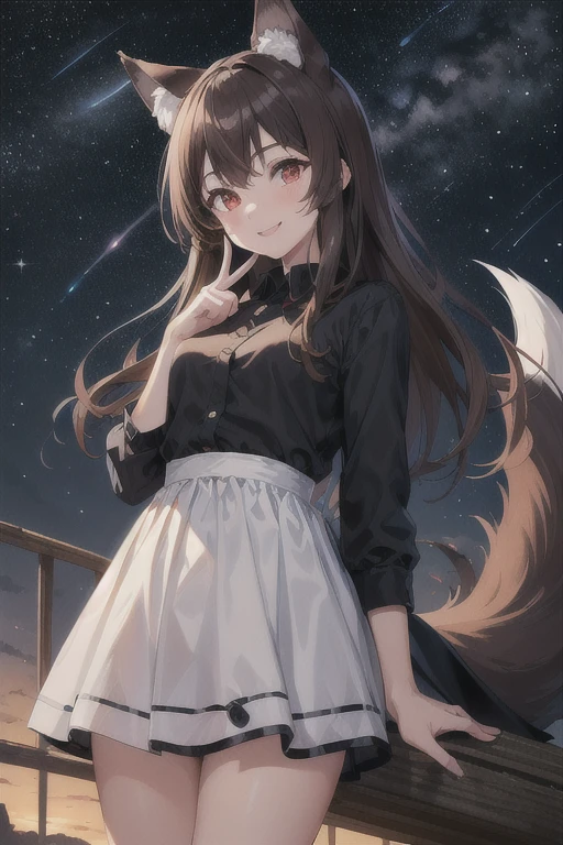 masterpiece, Highest quality, High resolution, One girl, Long Hair, Brown Hair, Animal ears, Red eyes, Wolf's tail, Outdoor, Gazing at the sky, milky way, smile, Finger pointing to the sky