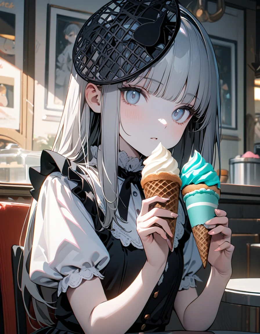 (8K, best quality, master piece: 1.2),super high resolution,1 girl,solo,16yo,ultra-detailed face,detailed eyes,silver eyes,blunt bangs,silver hair,Straight hair,Long hair,pale skin,white short sleeve petal collar blouse,black tiered skirt,(black Fascinator),expressionless,lash extension,parted lips,rim light,perfect hands, perfect fingers,(holding a soft serve ice cream on a cat-shaped cookies),Looking at viewer,sitting on chair,indoors Icecream shop