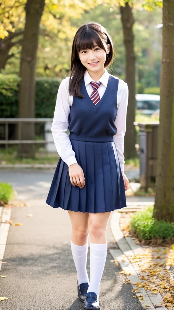Full body angle, ((school uniform)), one woman, 30 years old, large blests, Japanese, Shiraishi Mai, Nishino Nanase, Kitagawa Keiko, married woman, beautiful woman, pretty face, cute face, refreshing and natural smile