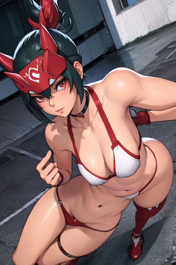 Kiriko, slender body, cute sexy asian girl in sexy white and red lingerie with neylon stockings, white and red choker, small breast size, small tiny tits, red Kiriko forehead protector, Japan street