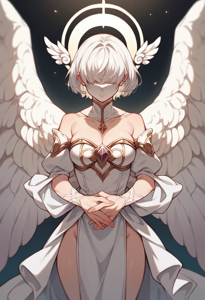 Caucasian female,short white hair,with a mask covering the eyes,big boobies,angelic clothing,angel wings